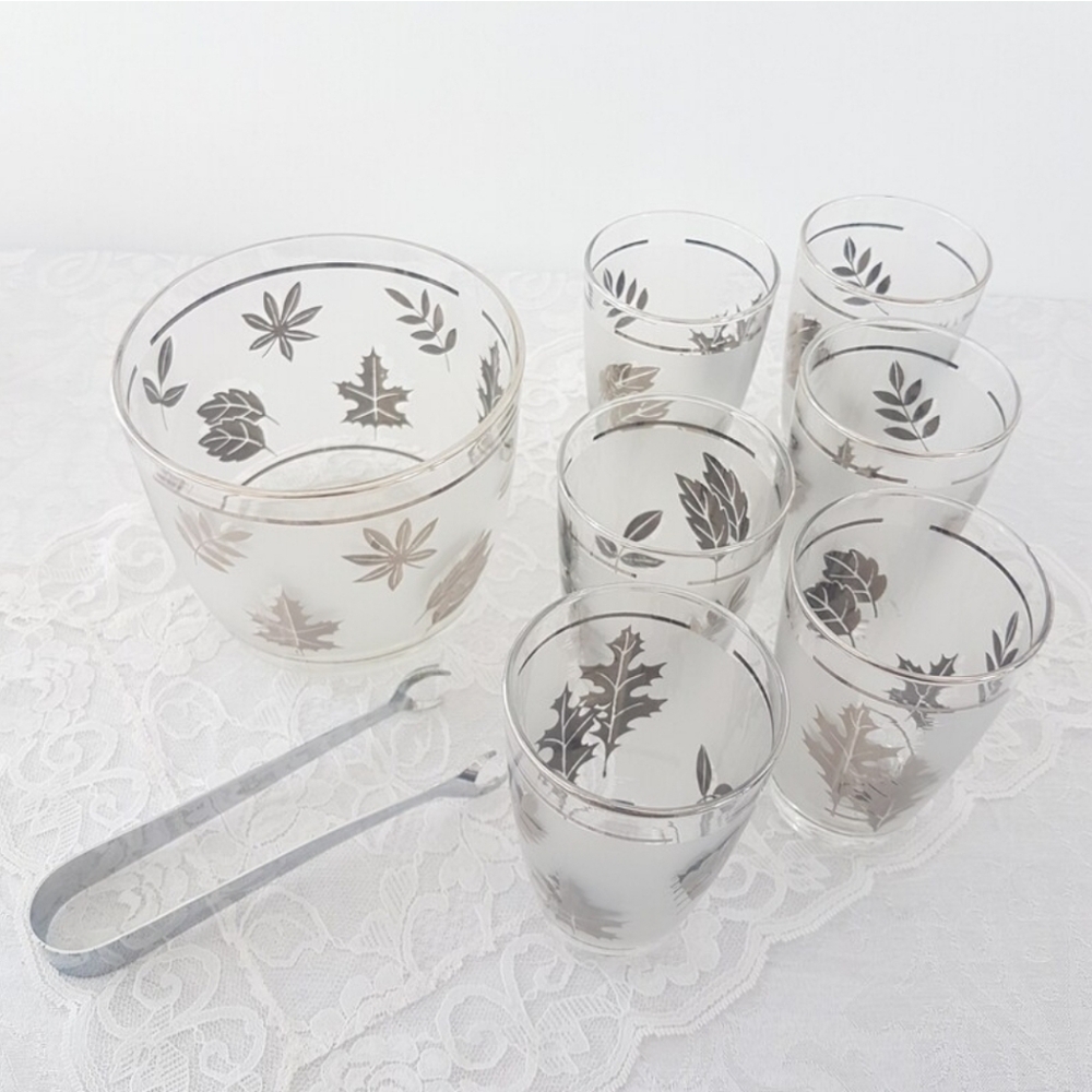 Libbey Silver Oak Leaf Glass Tumbler Set with Ice Bucket & Ice Tongs